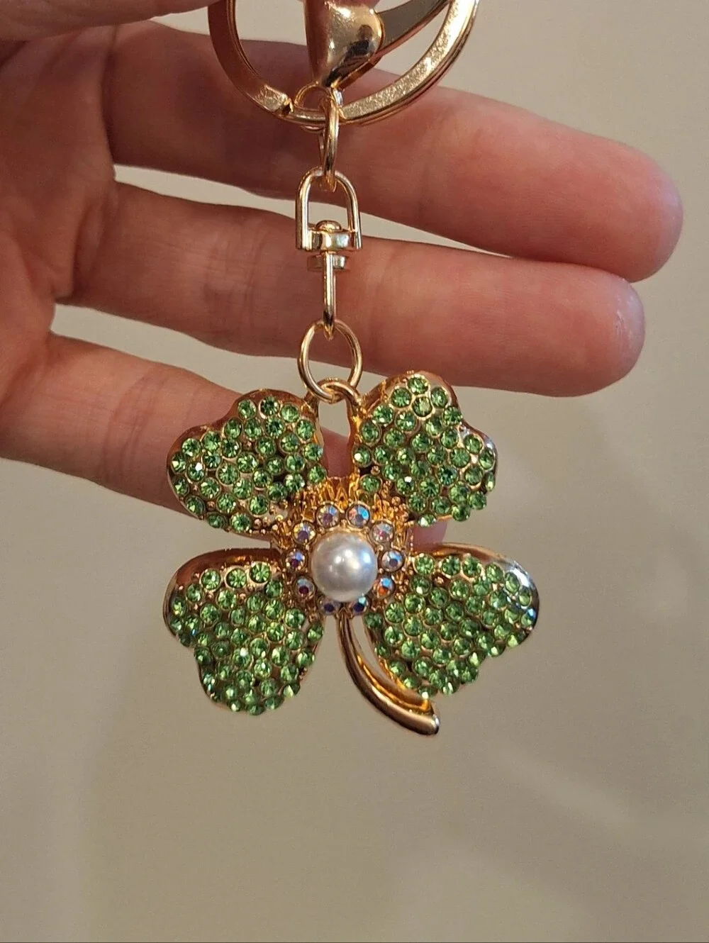 Green & Gold Four Leaf Clover Rhinestoned Keychain